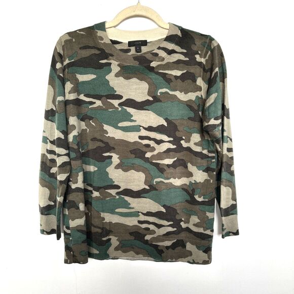 J.Crew Women’s 100% Merino Wool Crew Neck Sweater In Green/Brown Camo Size: XL - Picture 1 of 6